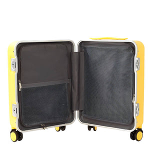 Open yellow suitcase showing two interior compartments with black mesh zippered dividers and organized storage sections.