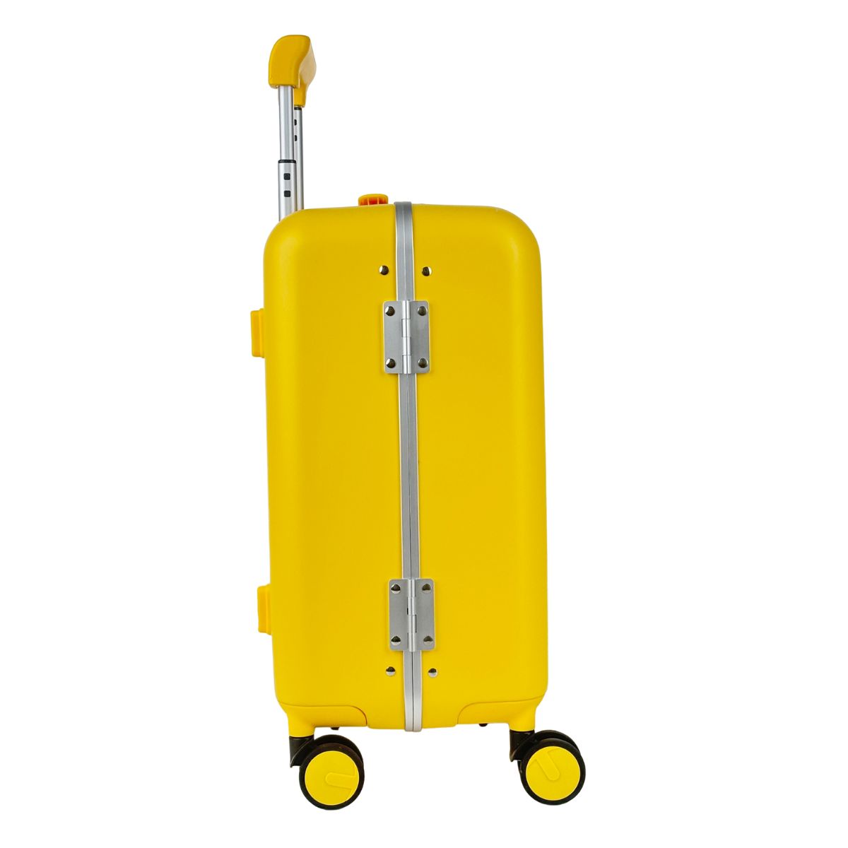 Yellow hard-shell suitcase shown from the side, featuring a telescopic handle, silver center hinge, and four spinner wheels.