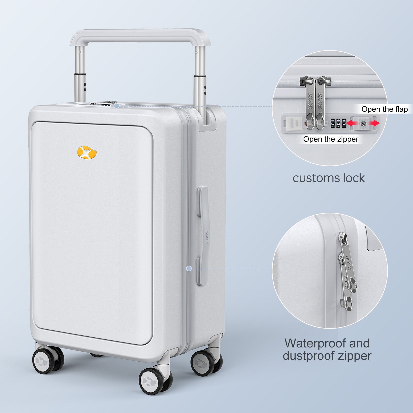 White suitcase with features highlighted on a light blue background