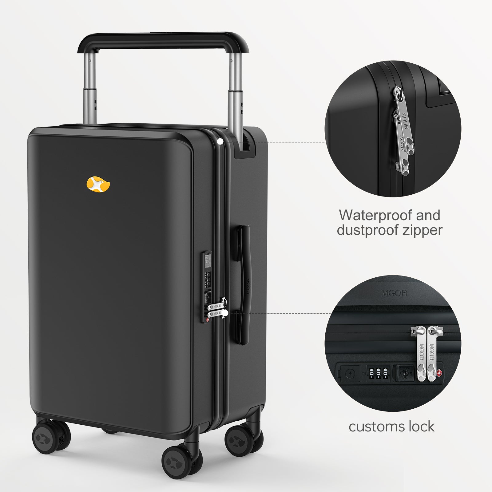 Black suitcase with features highlighted on a white background