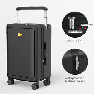 Black suitcase with features highlighted on a white background