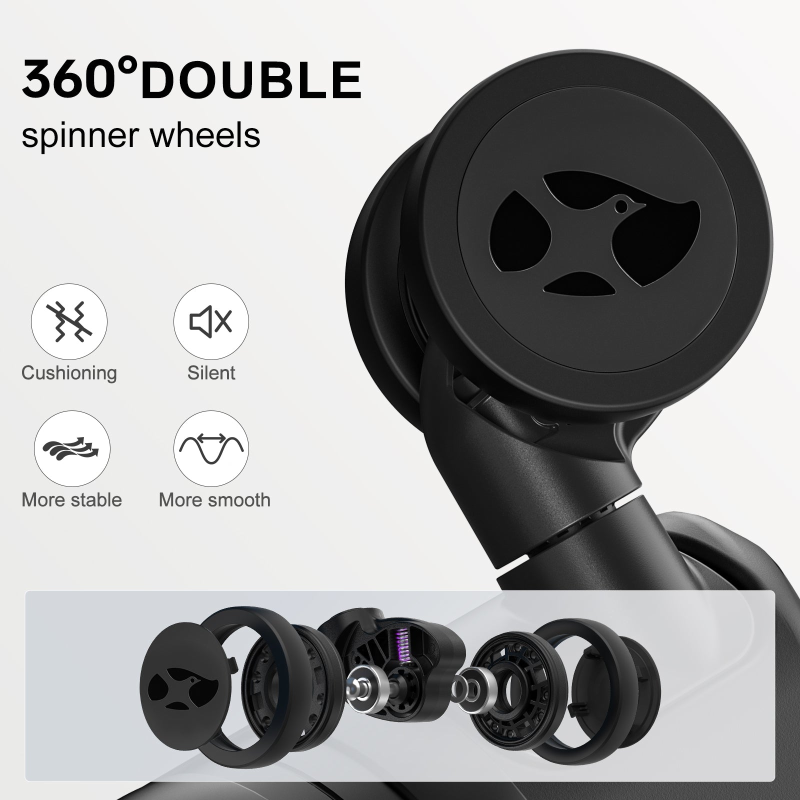 Black spinner wheel with features listed on a white background