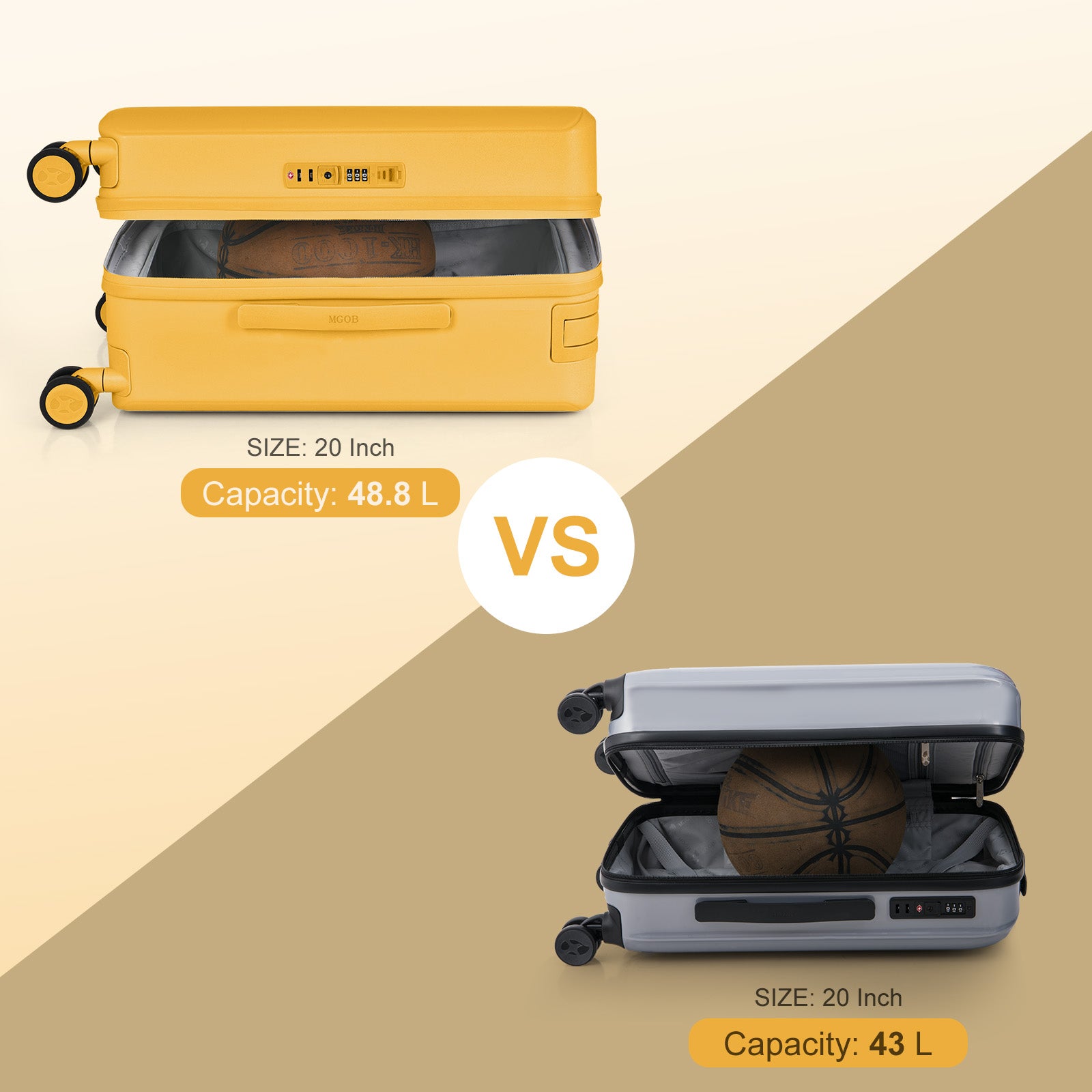 Two suitcases of different colors with size and capacity information on a beige background