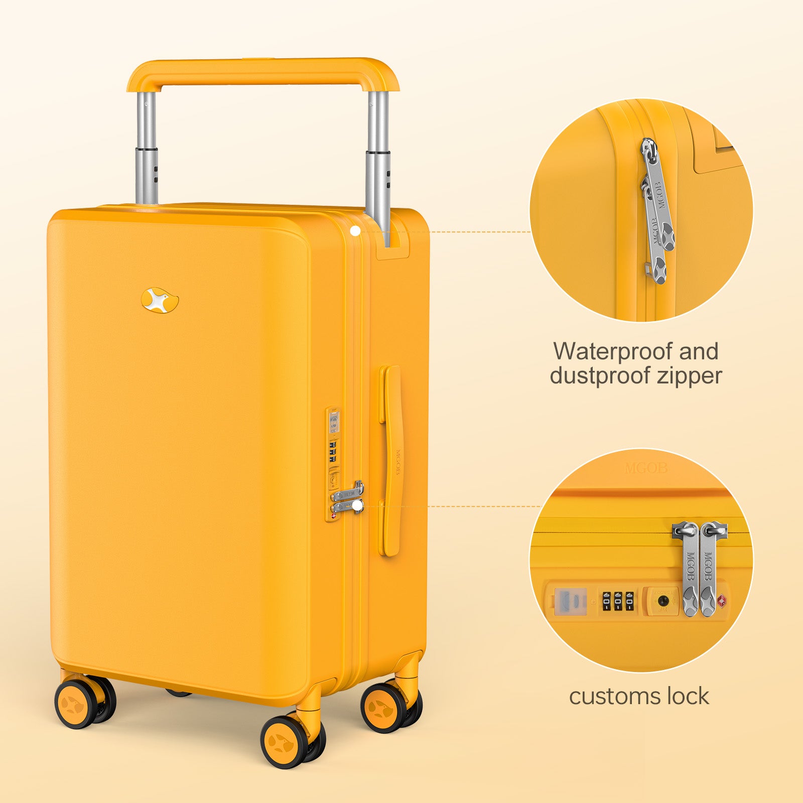 Yellow suitcase with waterproof and dustproof zipper and customs lock features on a beige background