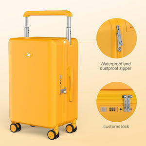 Yellow suitcase with waterproof and dustproof zipper and customs lock features on a beige background