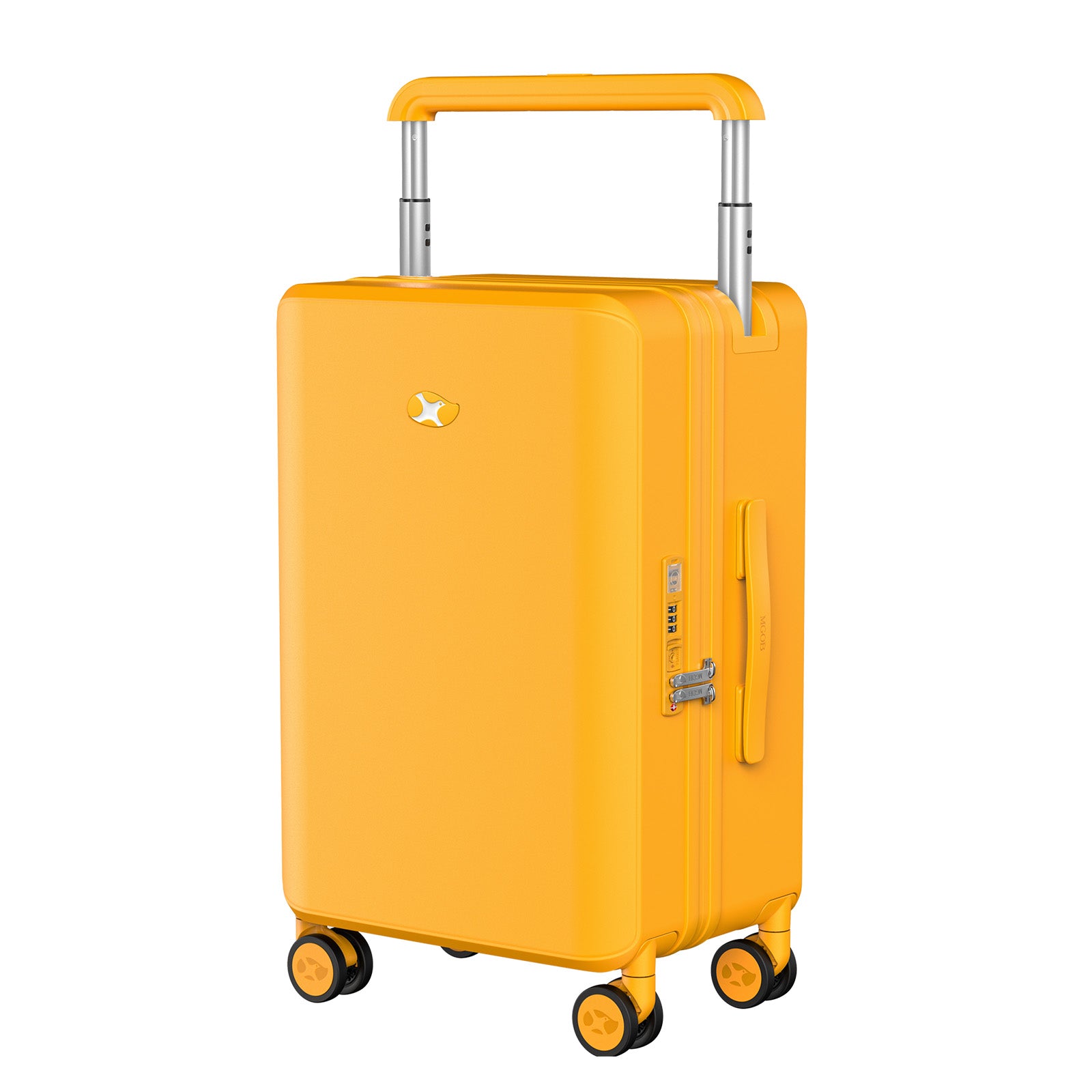 Yellow suitcase with wheels and handle on a white background