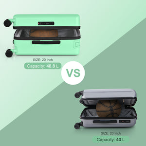 Two suitcases side by side with text indicating size and capacity on a green background