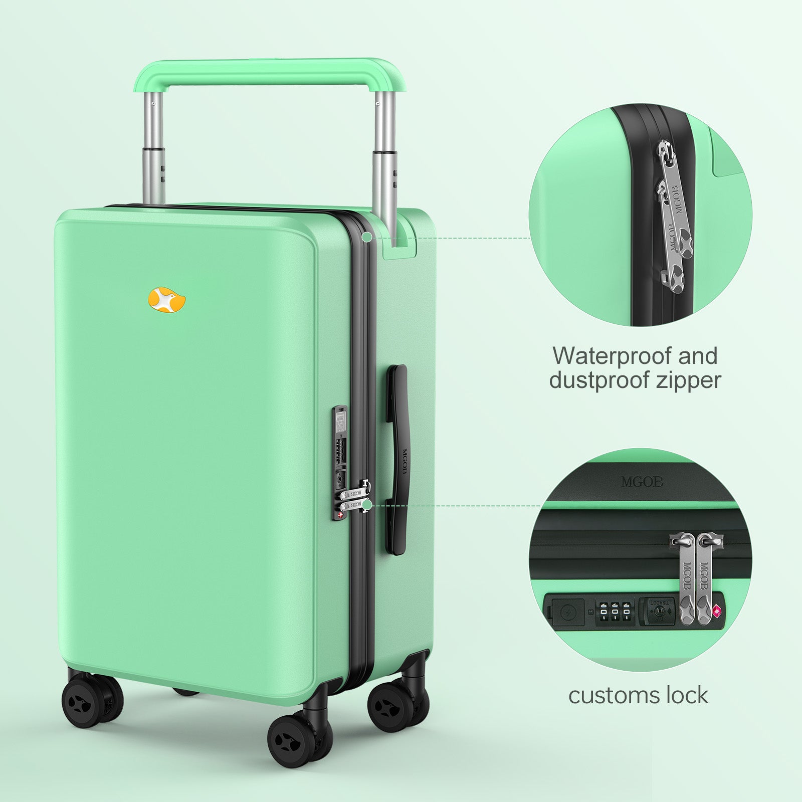 Green suitcase with details on waterproof zipper and customs lock on a light green background