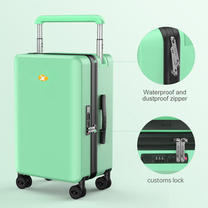 Green suitcase with details on waterproof zipper and customs lock on a light green background