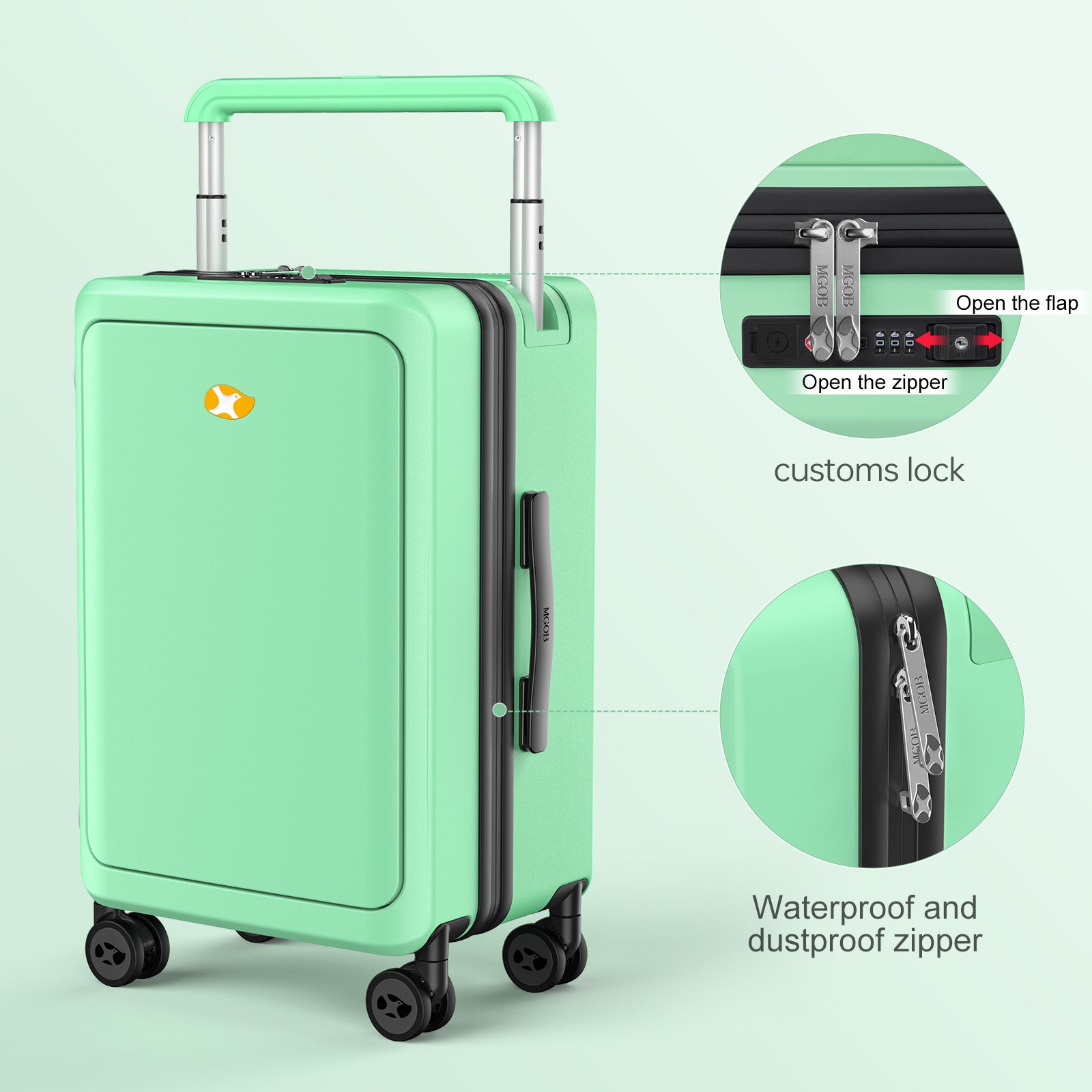 Mint green suitcase with features highlighted on a light green background