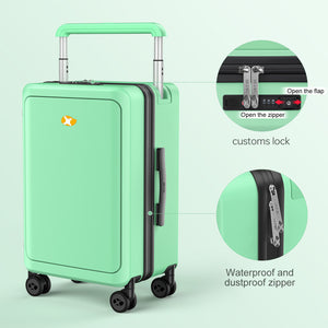 Mint green suitcase with features highlighted on a light green background