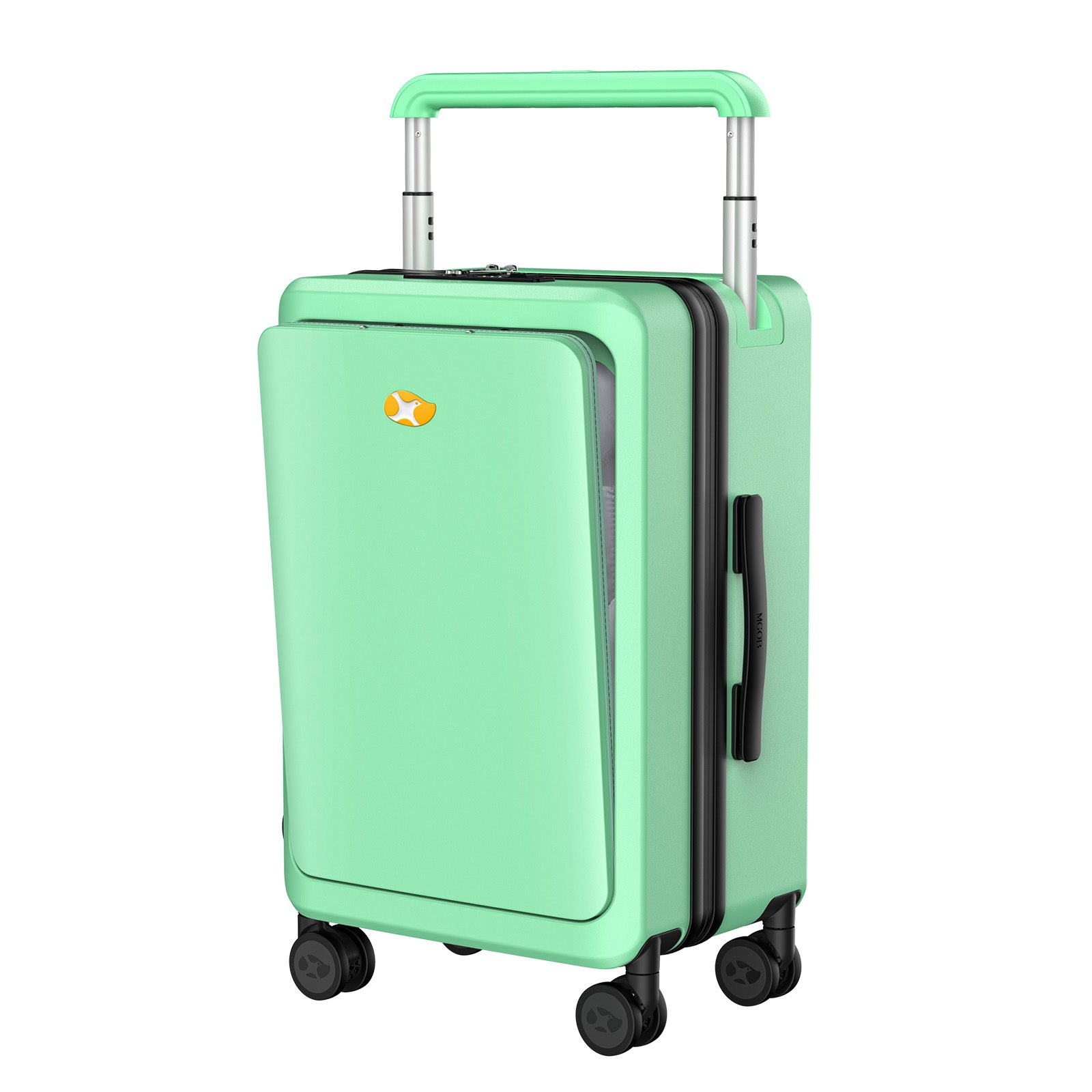 Mint green suitcase with a visible brand logo on a white background