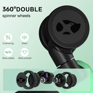 Black 360-degree spinner wheels with features on a light green background