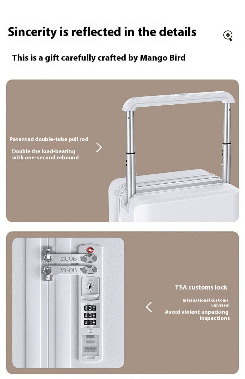 White suitcase with TSA lock and detailed features on a beige background, branded by Mango Bird.