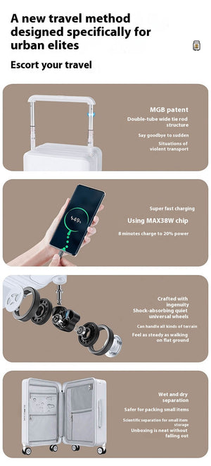 Advertisement for a new travel method designed specifically for urban elites, featuring a suitcase with charging capabilities.