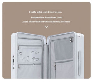 Open dual-zoned bag with text on a beige background