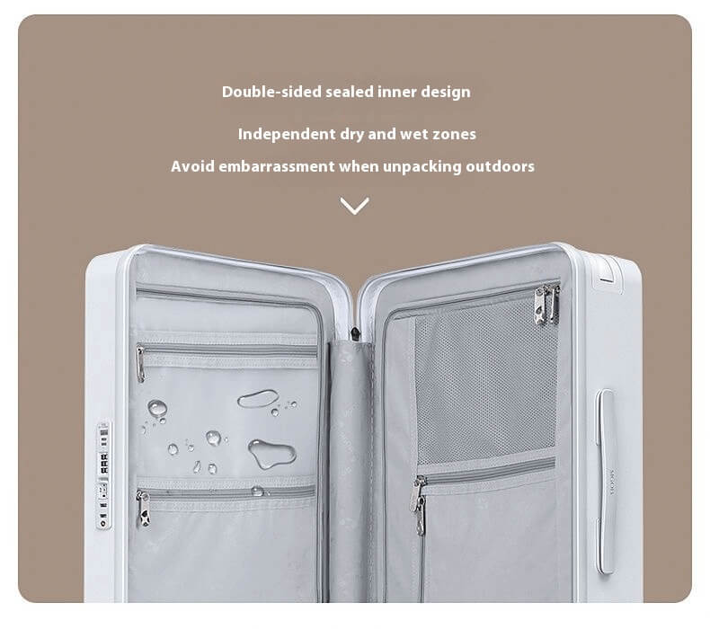 Open dual-zoned bag with text on a beige background