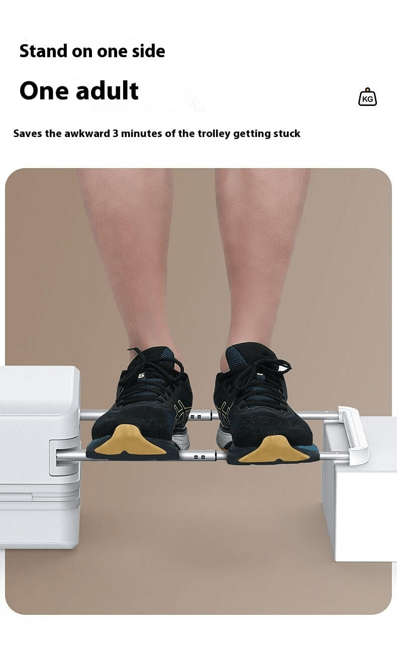 Person standing on a small platform with text indicating it saves time for trolley issues.