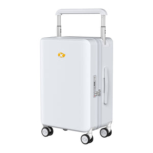 White suitcase with a visible brand logo on a white background