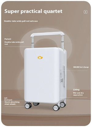 White suitcase with features highlighted on a beige background