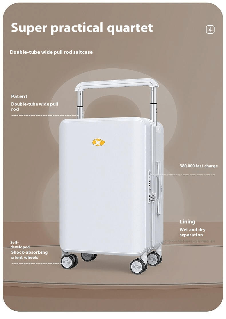 White suitcase with features highlighted on a beige background
