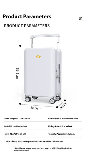 White suitcase with dimensions and product parameters on a white background