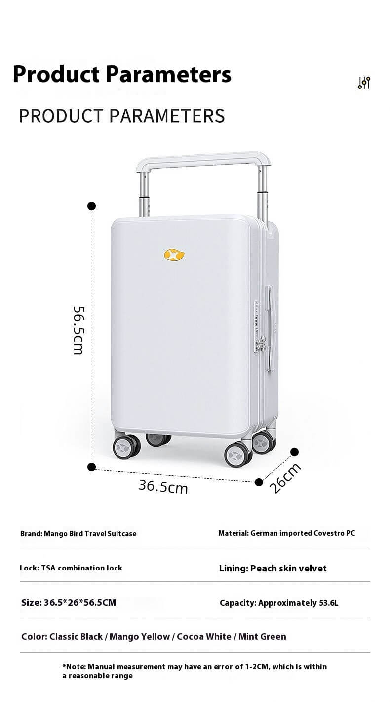White suitcase with dimensions and product parameters on a white background