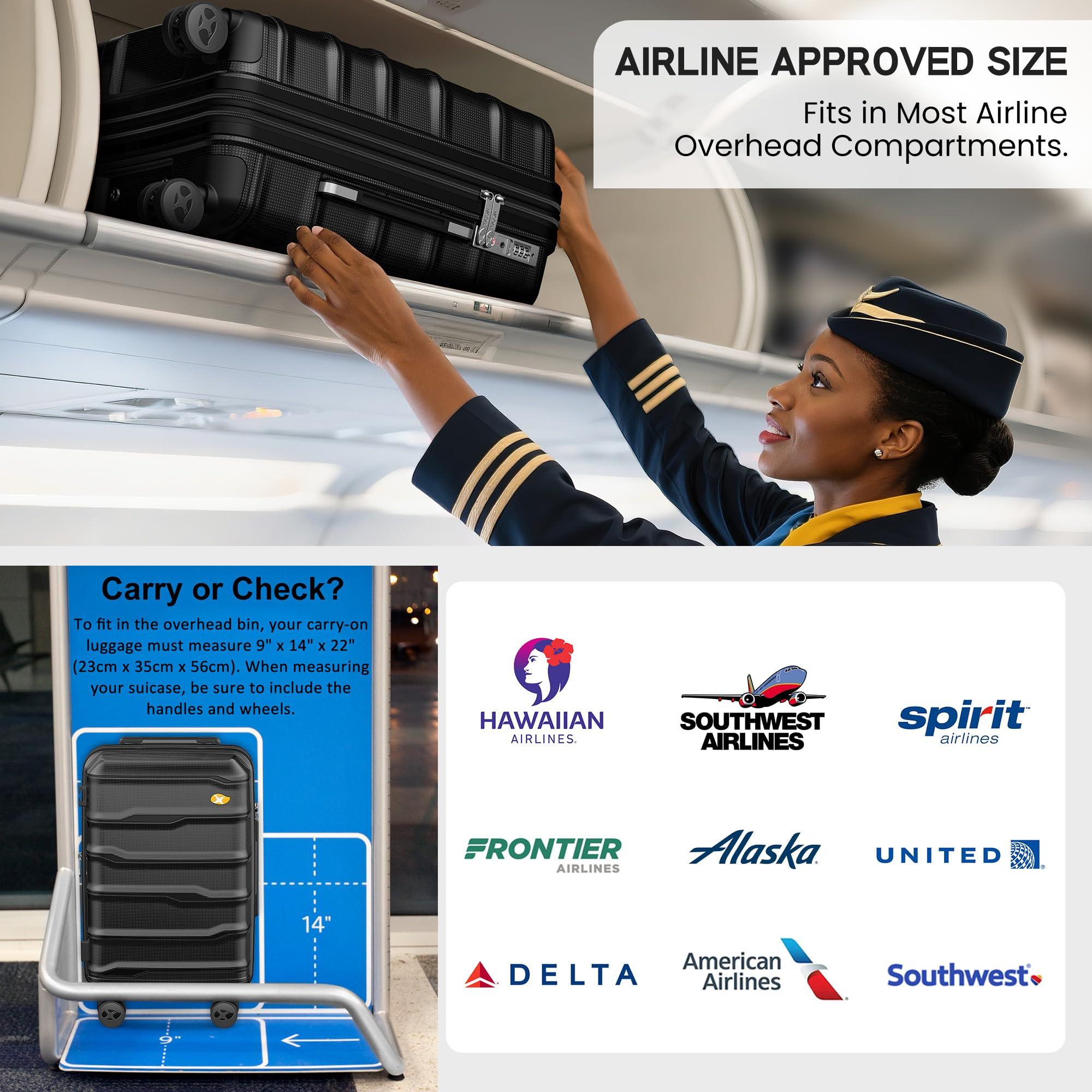 Black carry-on suitcase being placed into an airplane overhead bin by a cabin crew member.