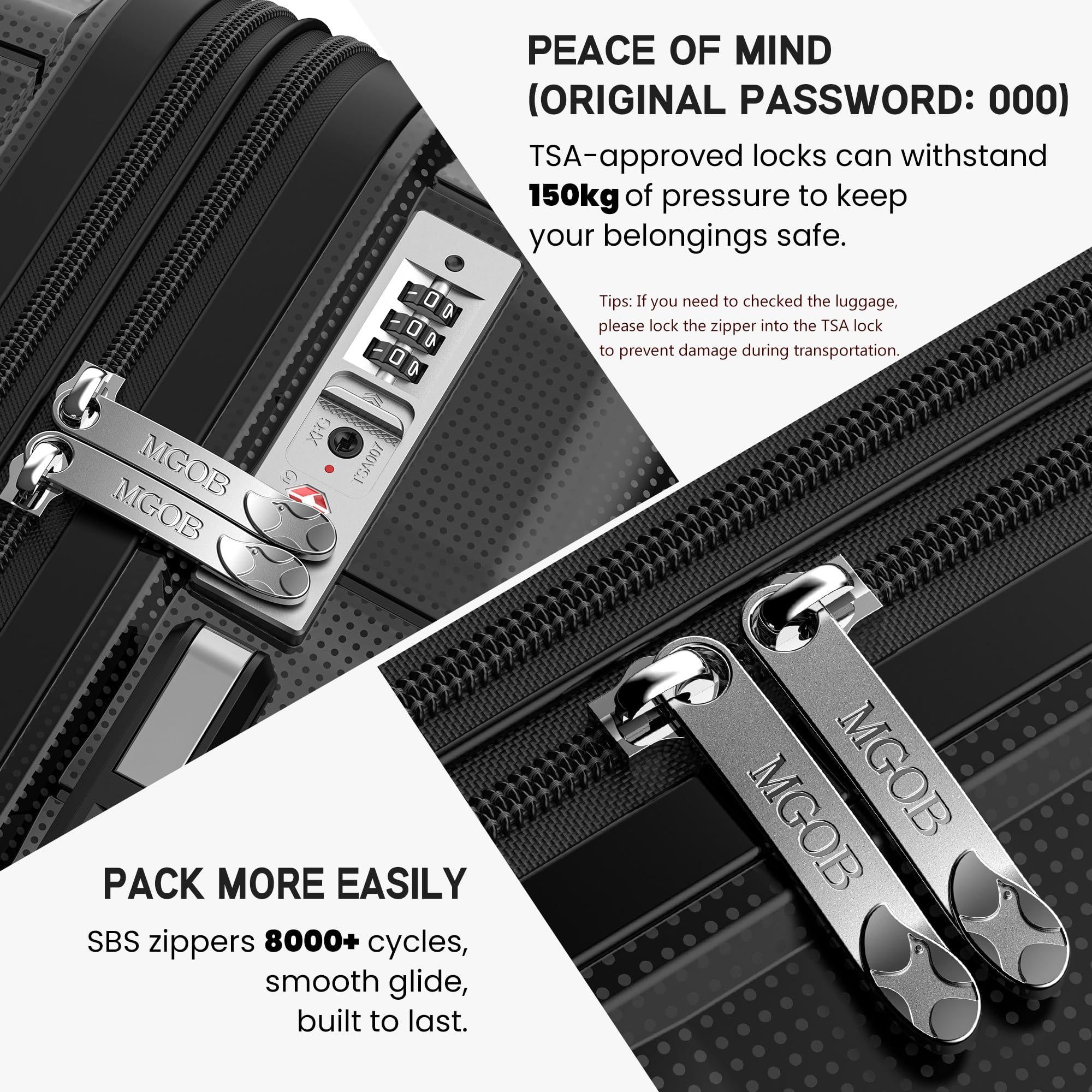 Close-up of TSA-approved combination lock and SBS zippers on a black hard shell suitcase.