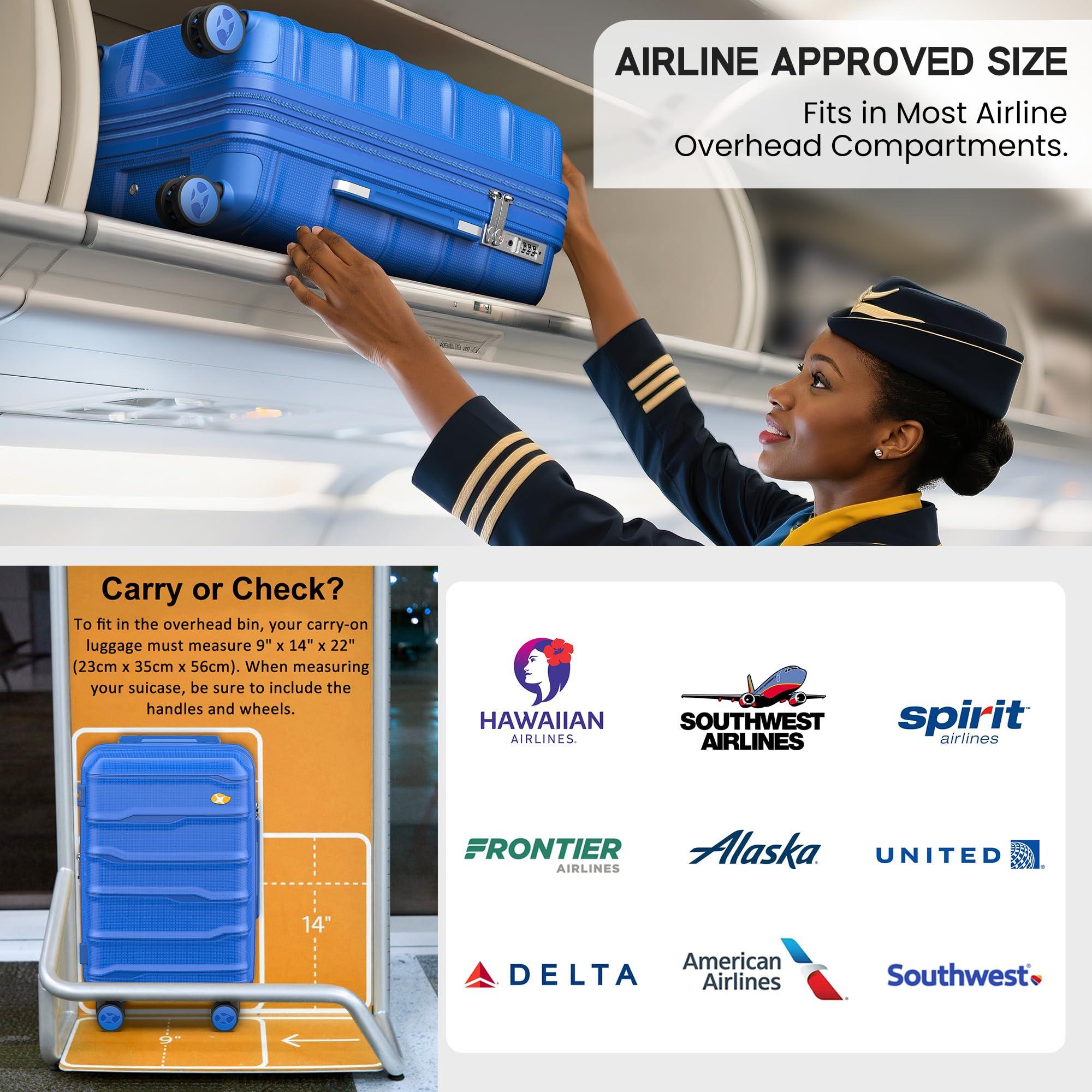 Blue 20-inch carry-on hard shell suitcase being placed into an airplane overhead bin by a flight attendant.