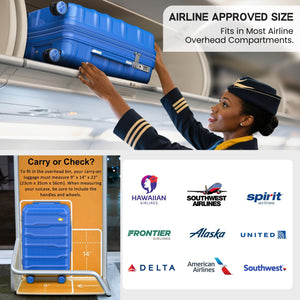 Blue 20-inch carry-on hard shell suitcase being placed into an airplane overhead bin by a flight attendant.