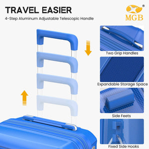 Blue suitcase showing adjustable aluminum telescopic handle, expandable zipper section, side feet and fixed side hooks.