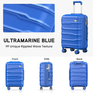 Blue suitcase with ruffled wave texture, shown from front, side, and back angles.