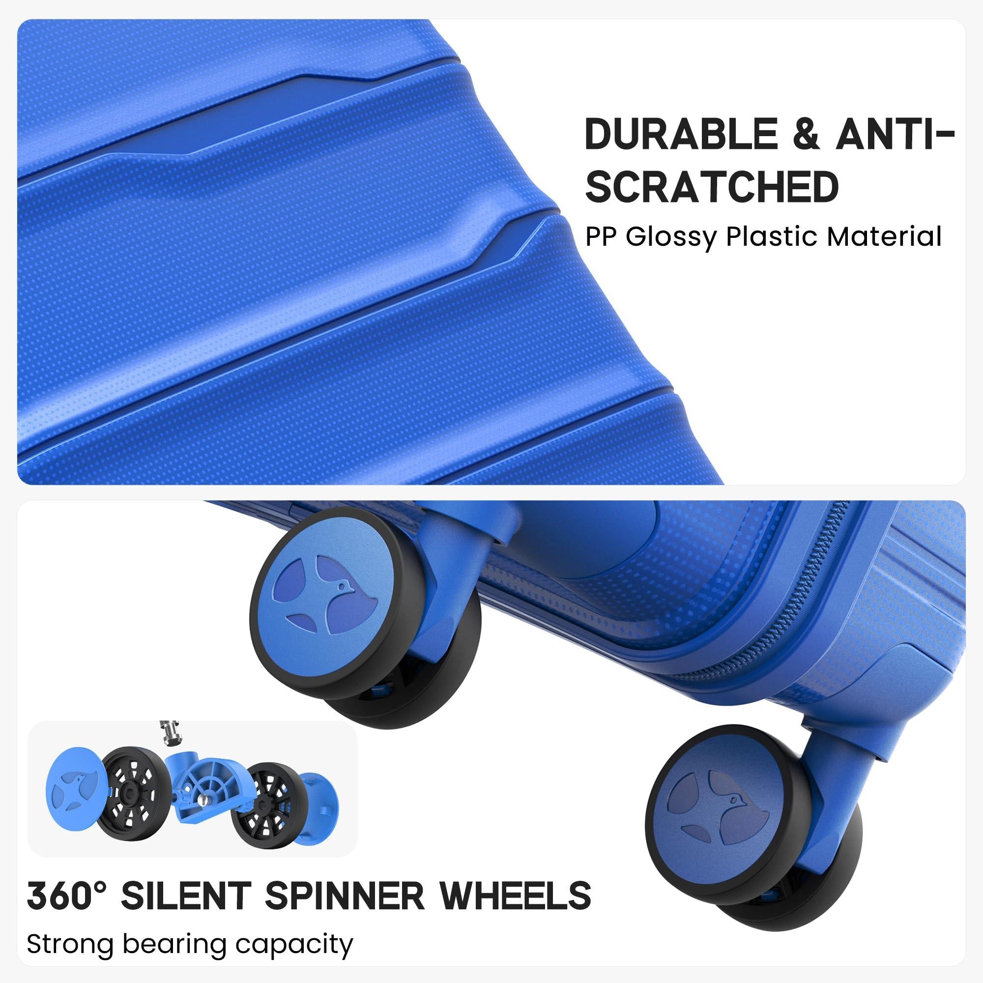 Blue suitcase with durable material and 360-degree silent spinner wheels on a white background