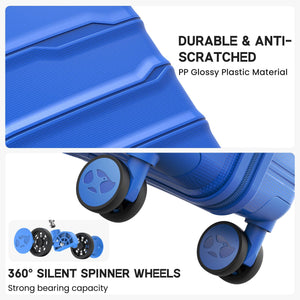 Blue suitcase with durable material and 360-degree silent spinner wheels on a white background