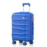Blue suitcase with wheels on a white background