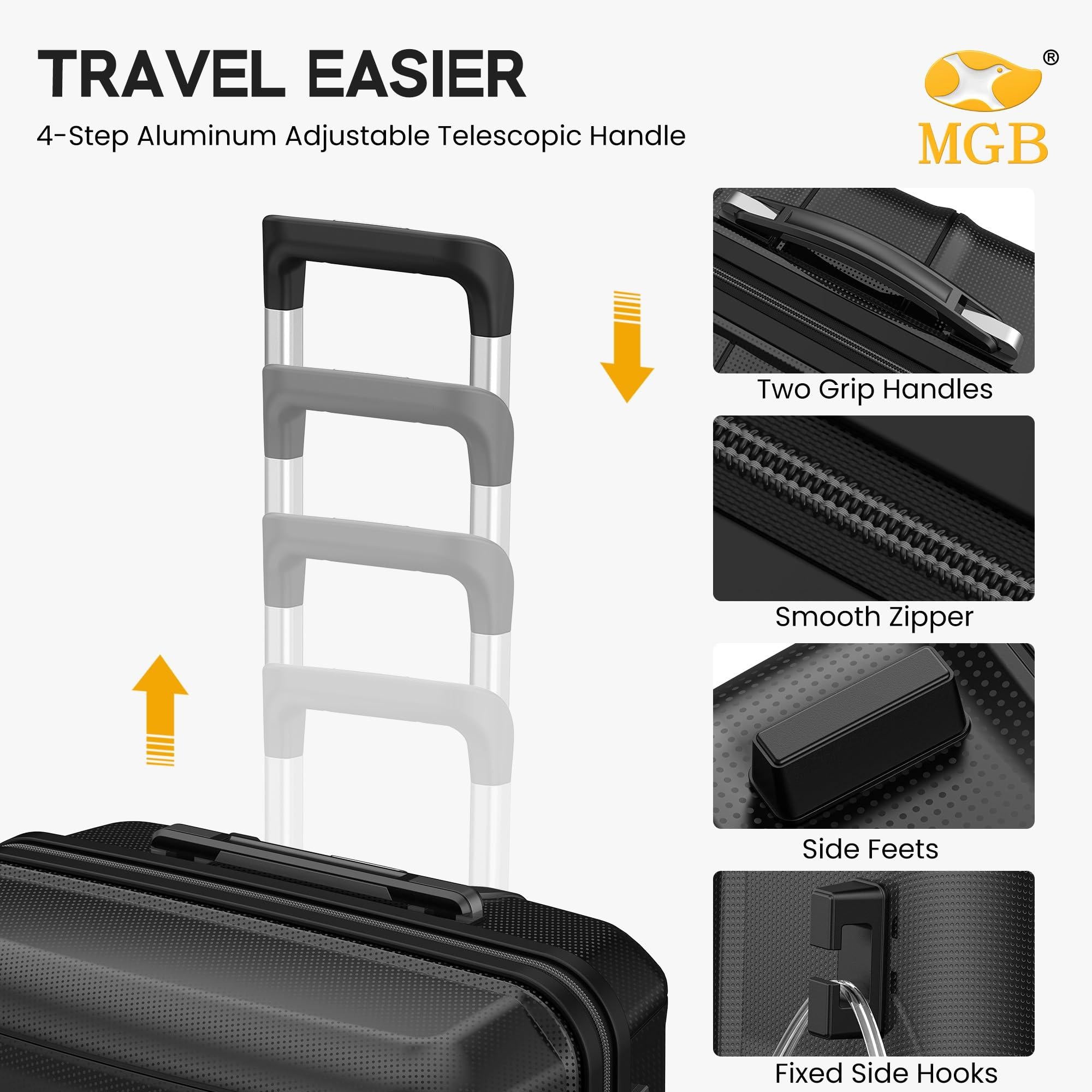 Close-up of adjustable telescopic handle and expandable zipper section on a black suitcase.