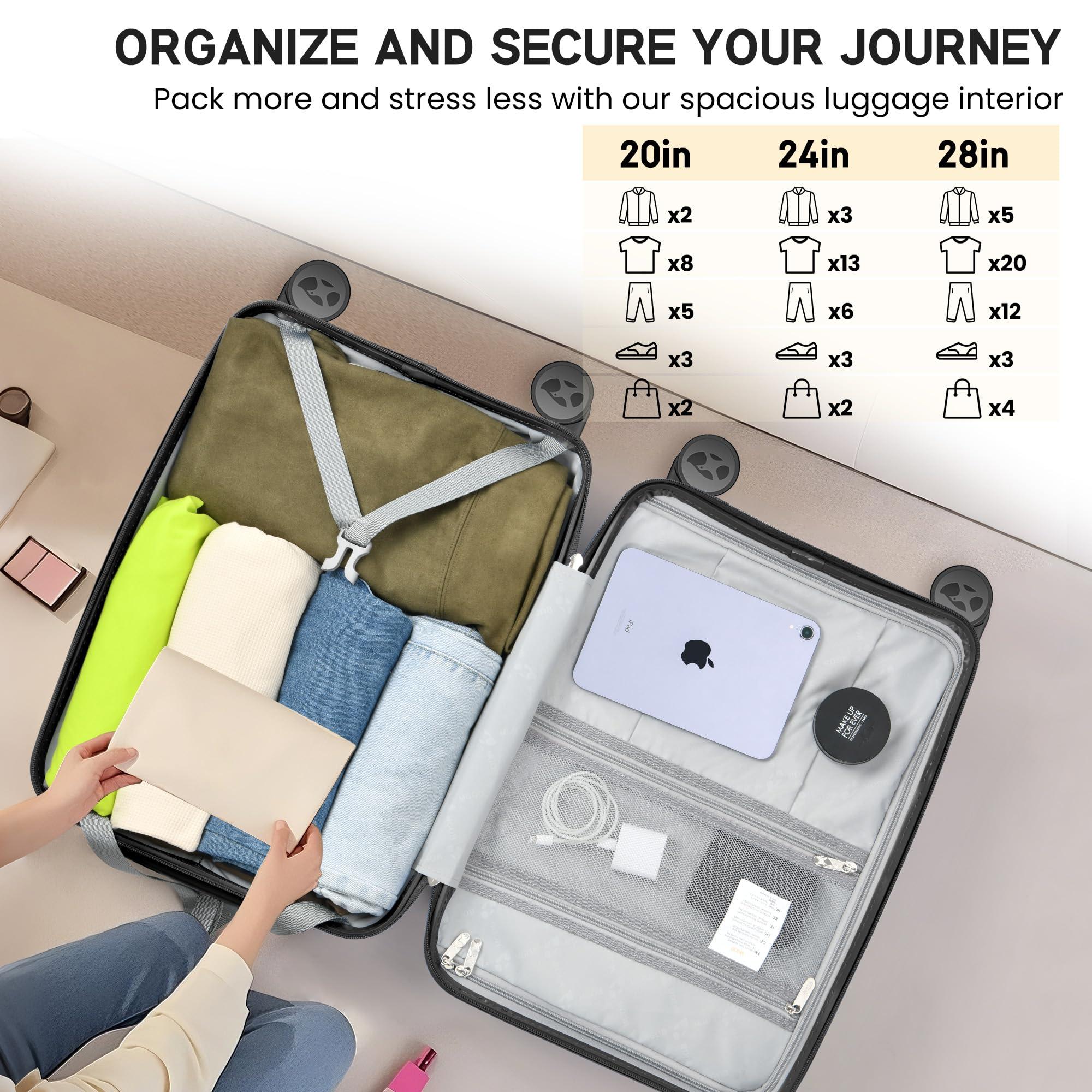 Open black suitcase showing organised interior with clothing, mesh pockets and zipped compartments.