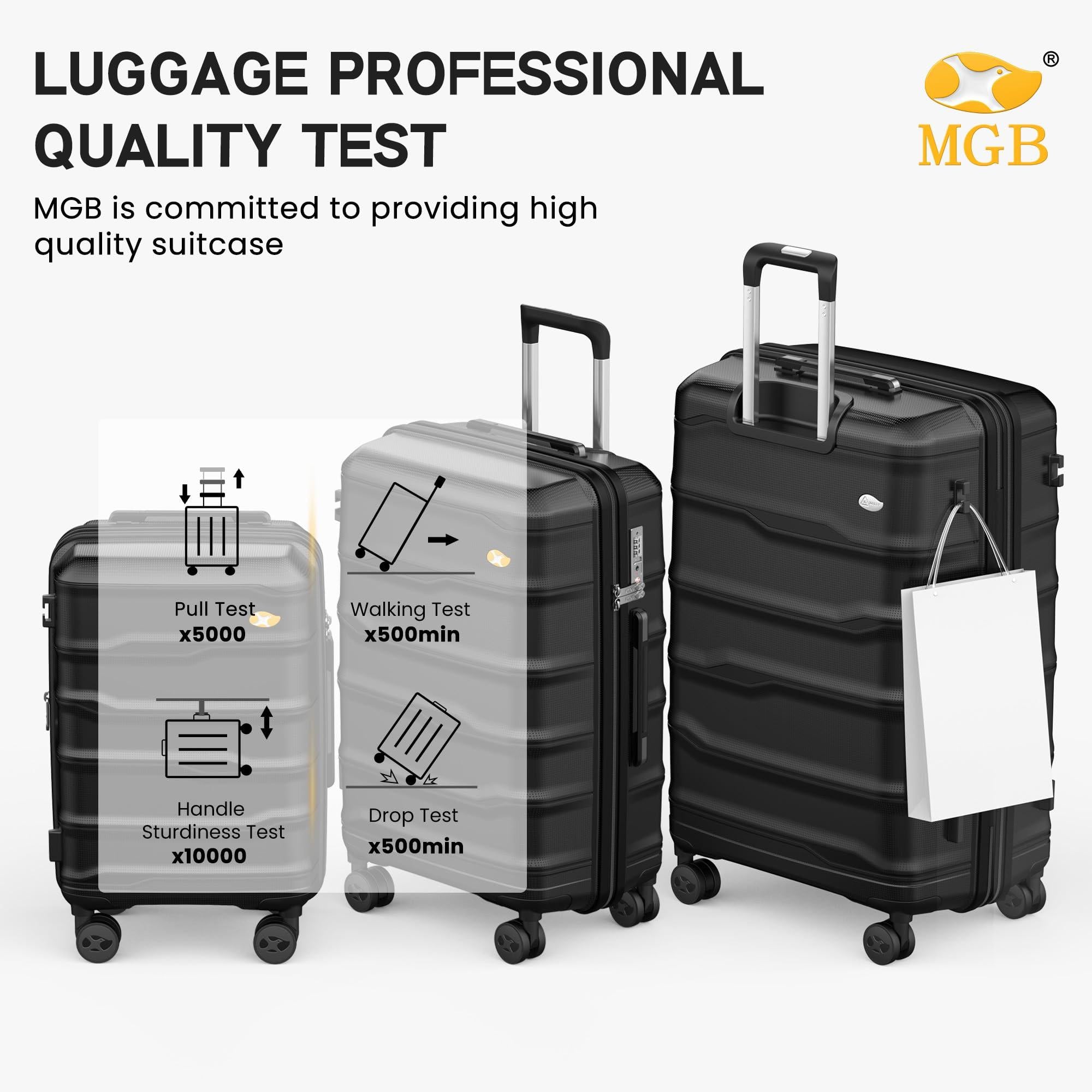 Black hard shell suitcases undergoing quality tests including pull test, walking test, handle sturdiness test, and drop test.