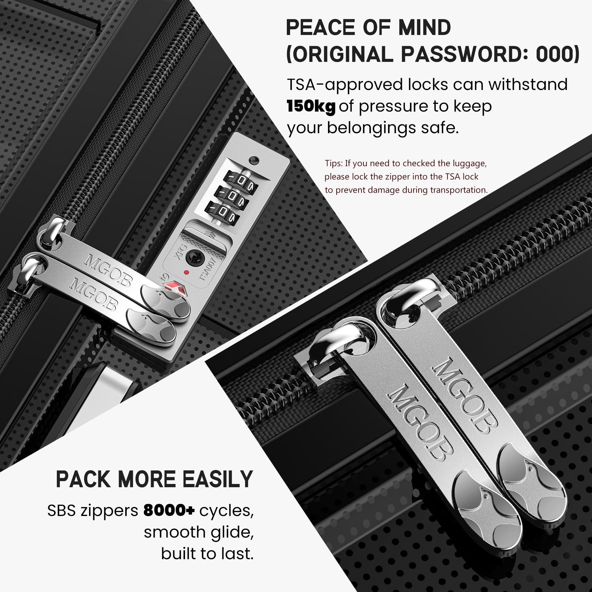 Close-up of TSA-approved combination lock and SBS zippers on a black hard shell suitcase.