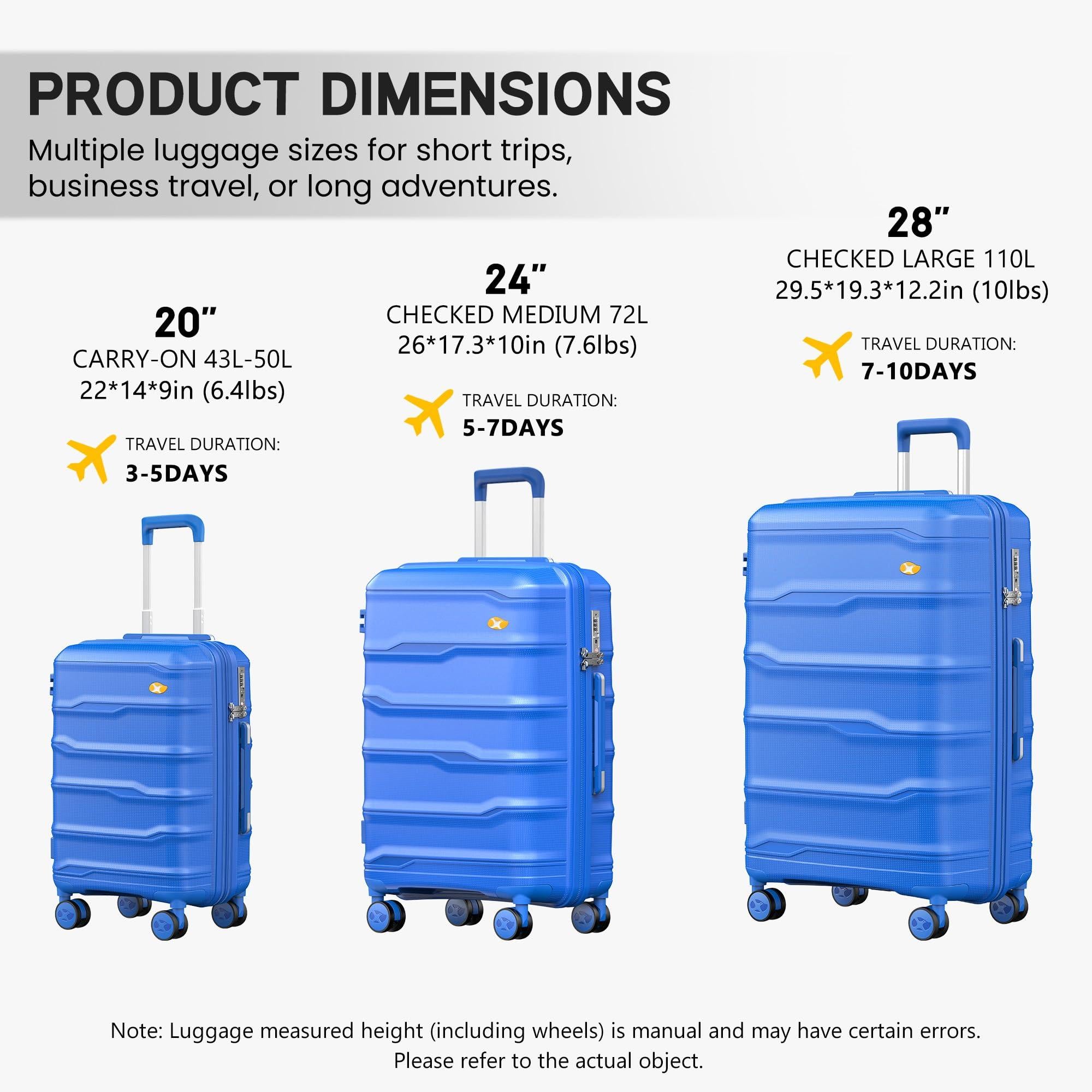 Blue luggage set with dimensions and travel duration information on a white background