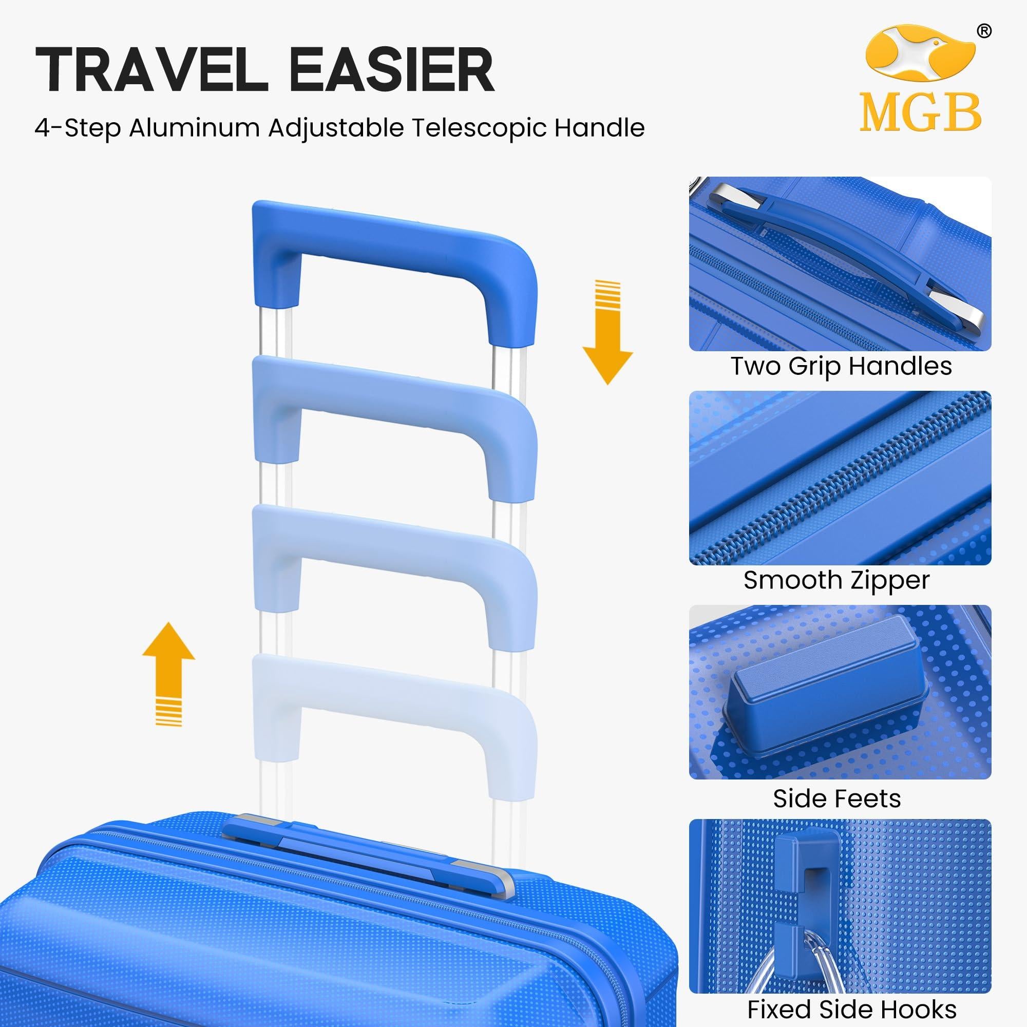 Blue suitcase with adjustable telescopic handle and MGB branding