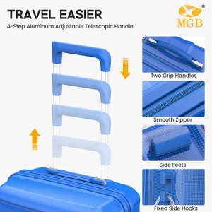 Blue suitcase with adjustable telescopic handle and MGB branding