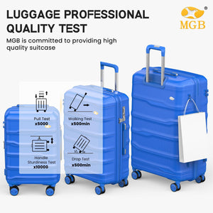 Blue suitcases with test icons and MGB logo on a white background