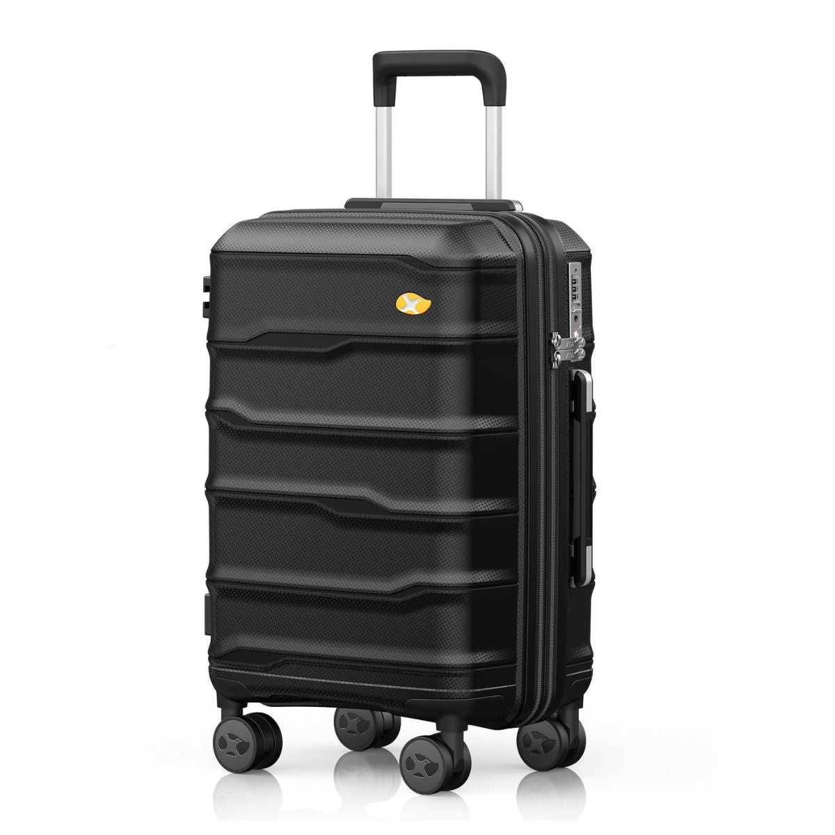 Black hard shell carry-on suitcase with telescopic handle and 360-degree spinner wheels.