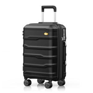 Black hard shell carry-on suitcase with telescopic handle and 360-degree spinner wheels.