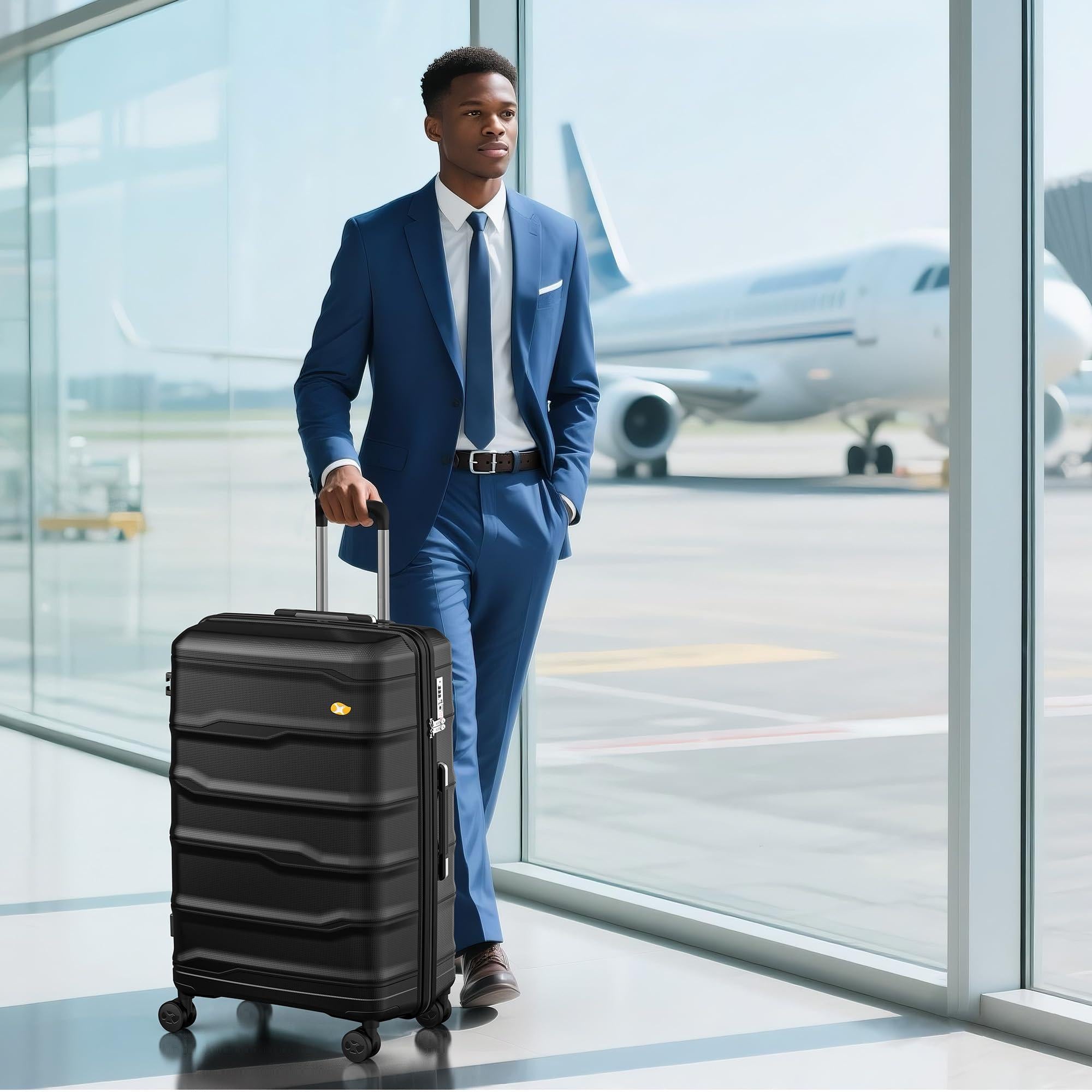 Traveller walking through an airport pulling a black hard shell check in suitcase.