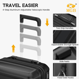 Black suitcase with adjustable handle and features highlighted, including MGB logo.
