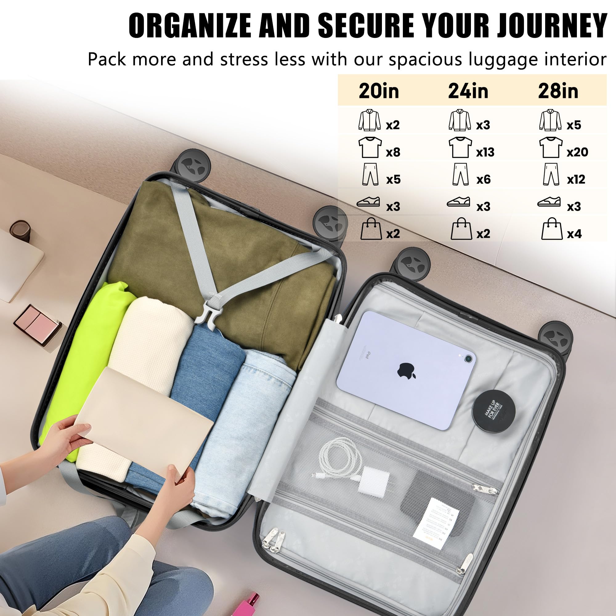Open suitcase with packing tips and size chart on a neutral background