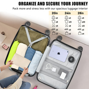 Open suitcase with packing tips and size chart on a neutral background